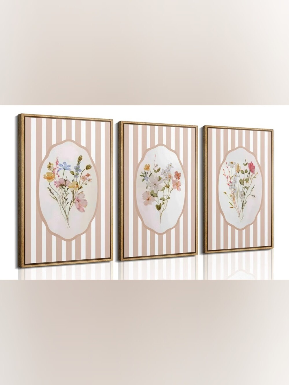 Floral Bouquet Wall Art Set Of 3 Canvas Blush Stripe Background Prints